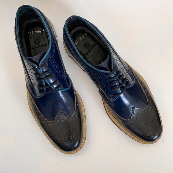 Navy Blue Wingtip Derby Leather Dress Shoe - Picture 2 of 7